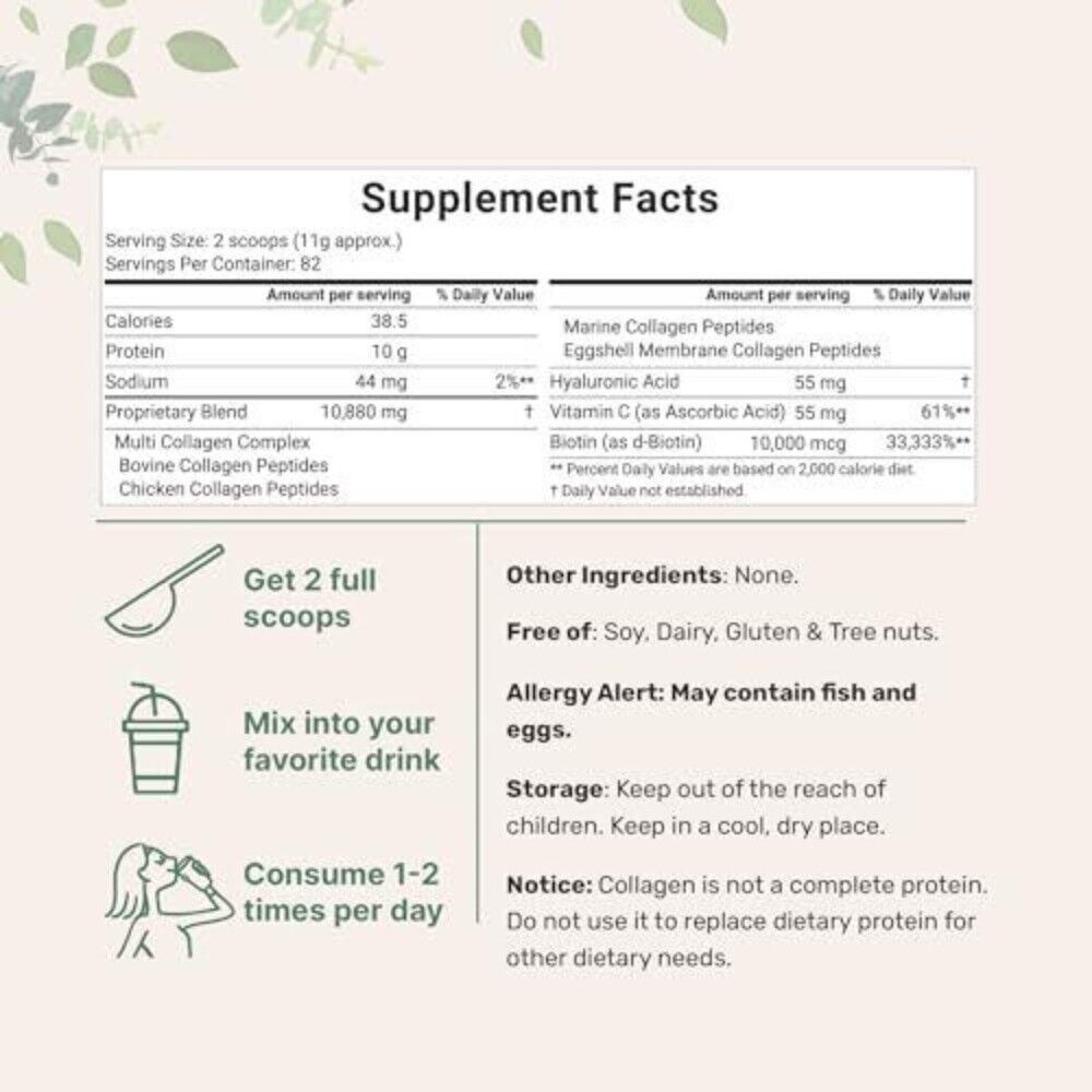 Multi Collagen Protein Powder, 2 Pounds – Type I,II,III,V,X with Biotin 10000...