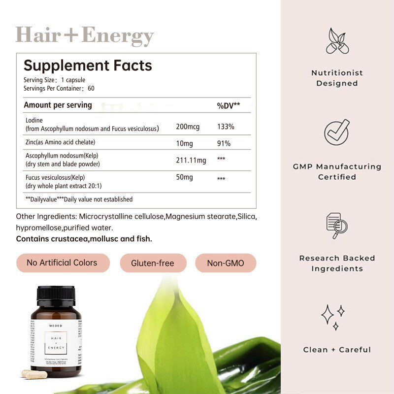 Hair and Energy Formula Vitamins with Zinc and Iodine for Healthy Hair 60 Count