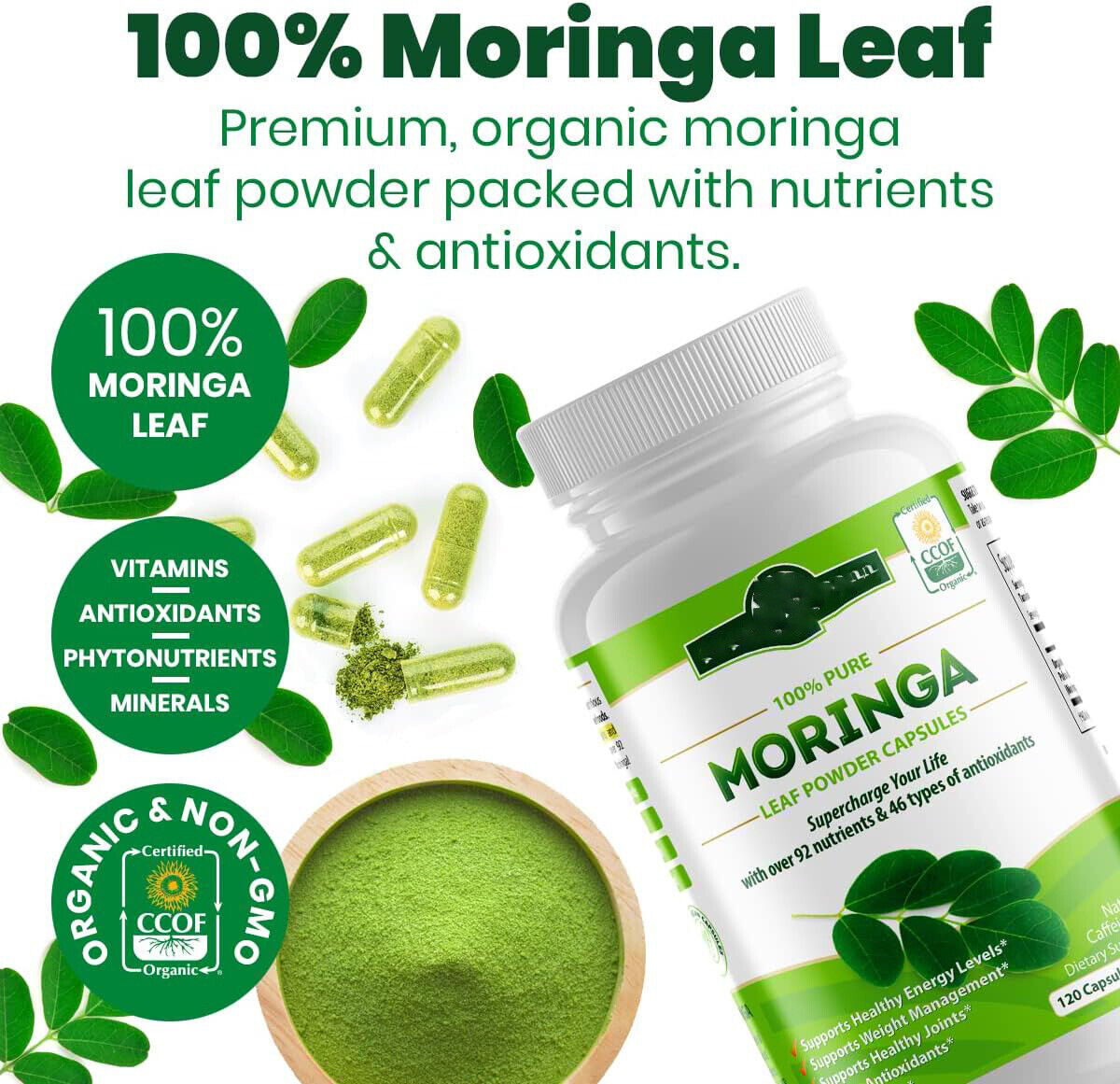 Organic Moringa Capsules 100% Pure 120 Caps, Natural Energy & Immunity Boost