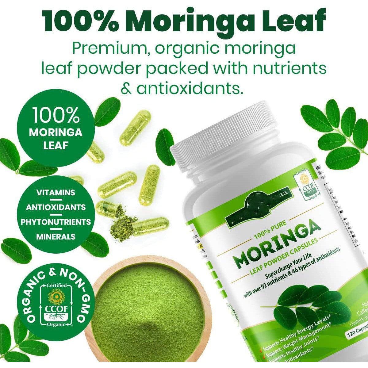 Organic Moringa Capsules 100% Pure 120 Caps, Natural Energy & Immunity Boost