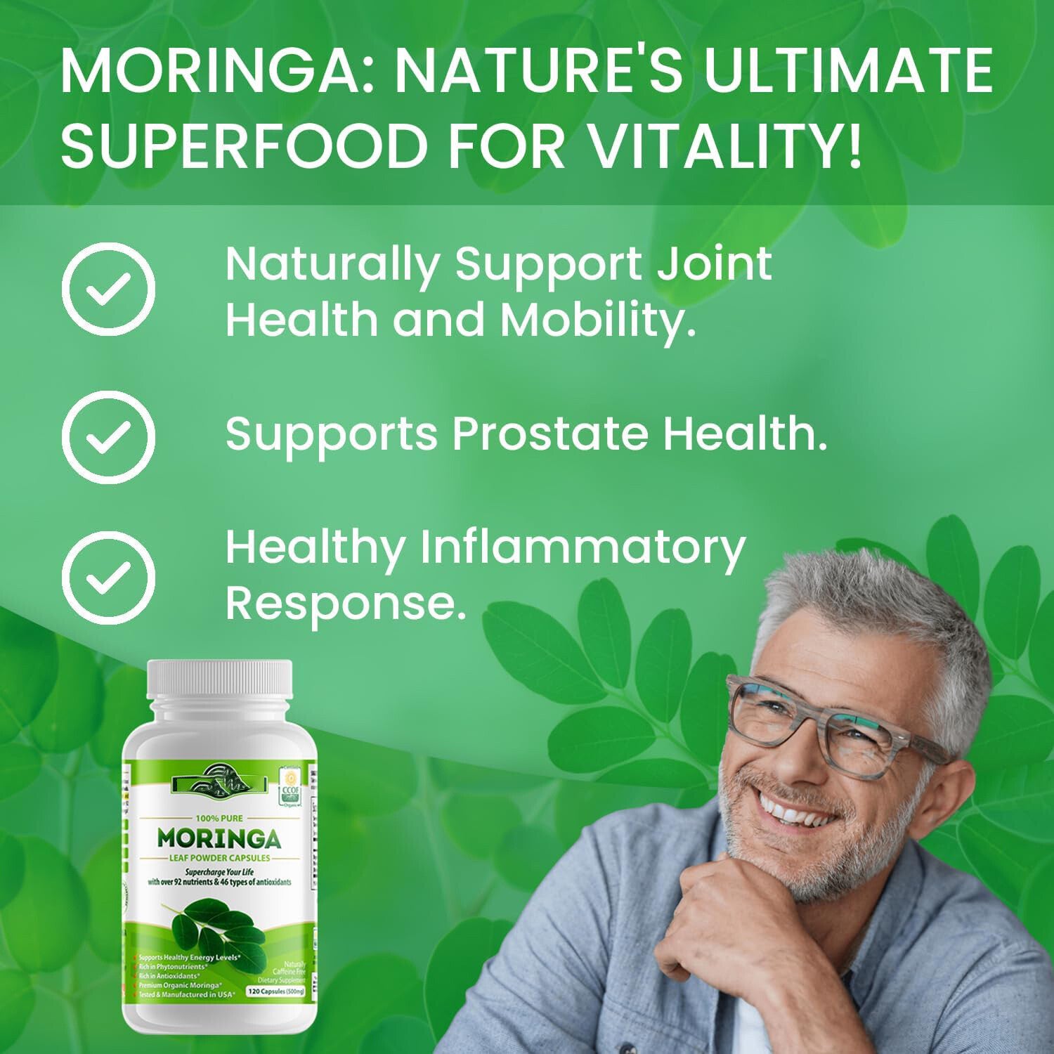 Organic Moringa Capsules 100% Pure 120 Caps, Natural Energy & Immunity Boost