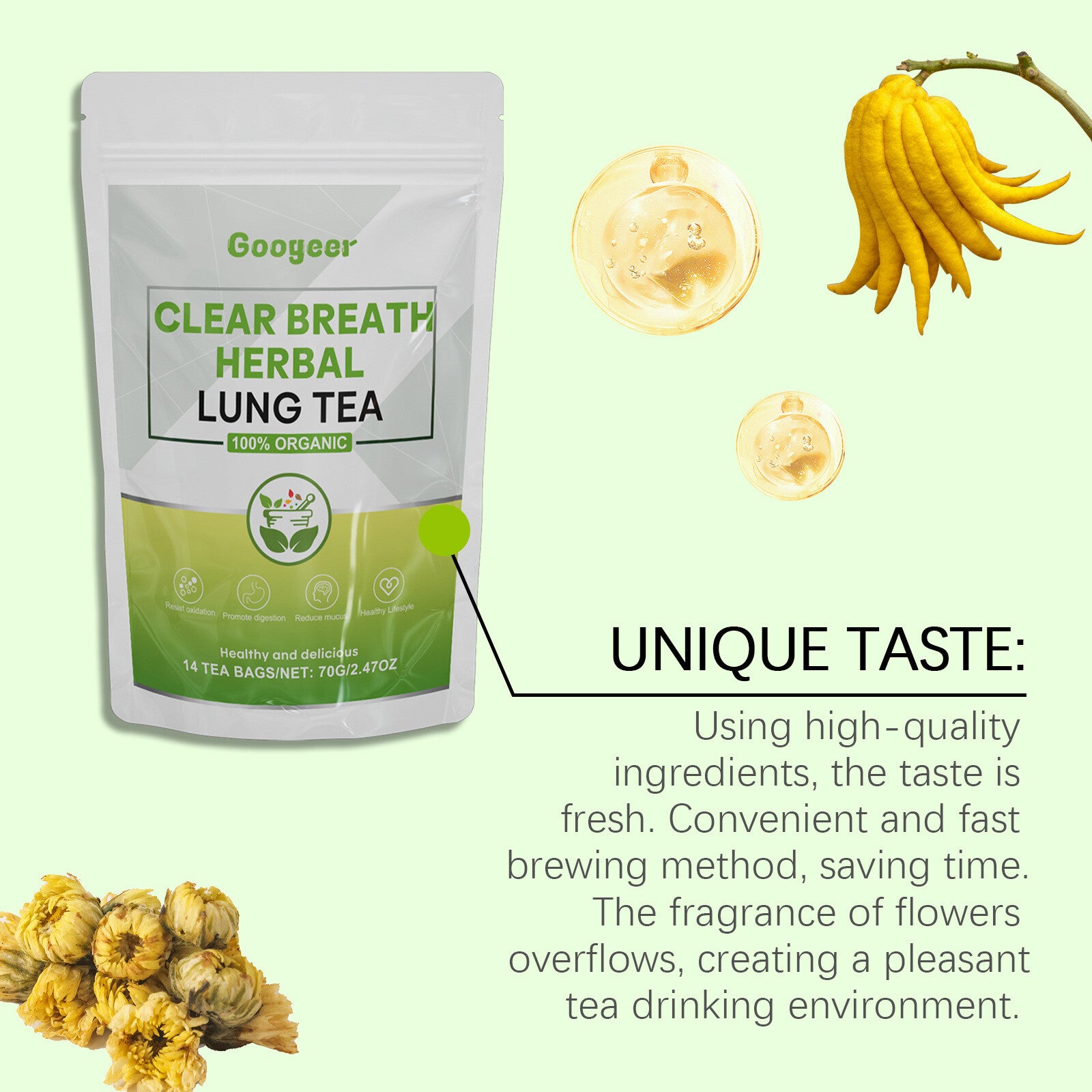 100% Organic Natural Respiratory Support Googeer Breath Herbal Lung Tea