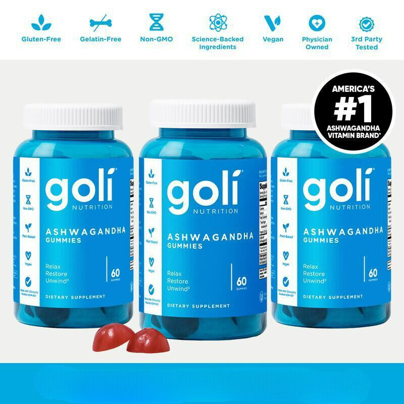 3 Pcs Goli Nutrition Ashwagandha Gummies Mixed Berry 60 Count Gummies-USA