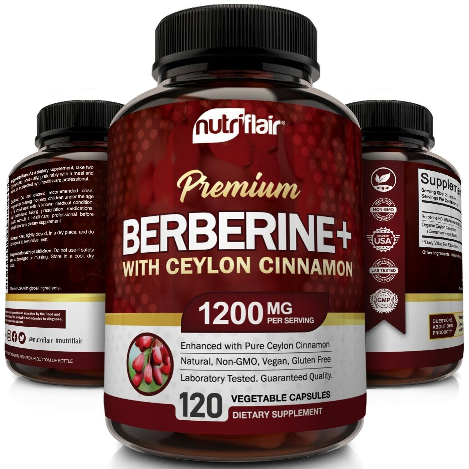 Premium Berberine HCL 1200mg with Organic Ceylon Cinnamon - 120 Capsules