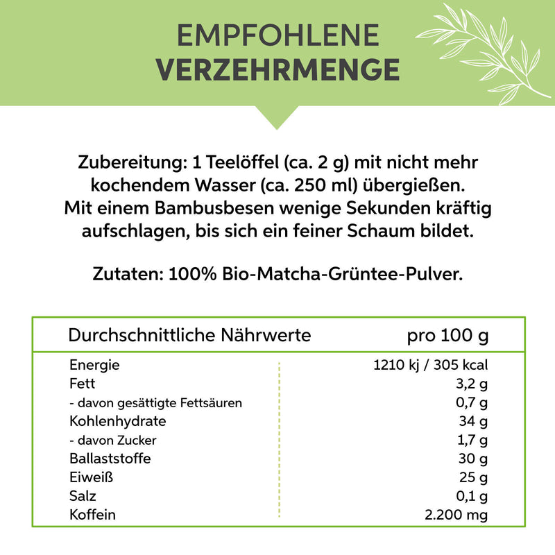 Bio Matcha Pulver Tee 250g | Premium Matchapulver | 100% ohne Zusätze | Grüntee
