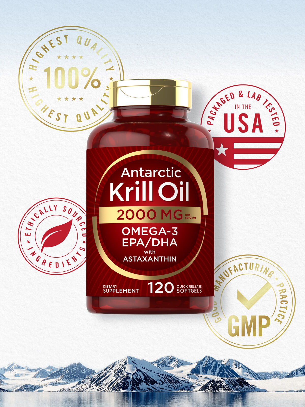 Antarctic Krill Oil 2000 mg 120 Softgels | Omega-3 EPA, DHA, with Astaxanthin