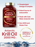 Antarctic Krill Oil 2000 mg 120 Softgels | Omega-3 EPA, DHA, with Astaxanthin