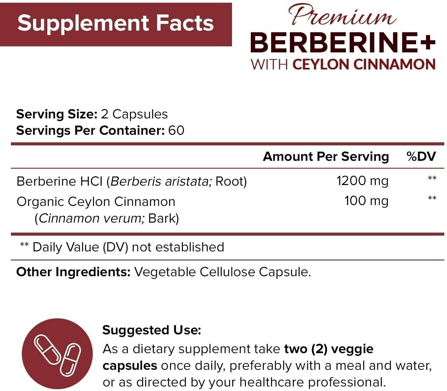 Premium Berberine HCL 1200mg with Organic Ceylon Cinnamon - 120 Capsules