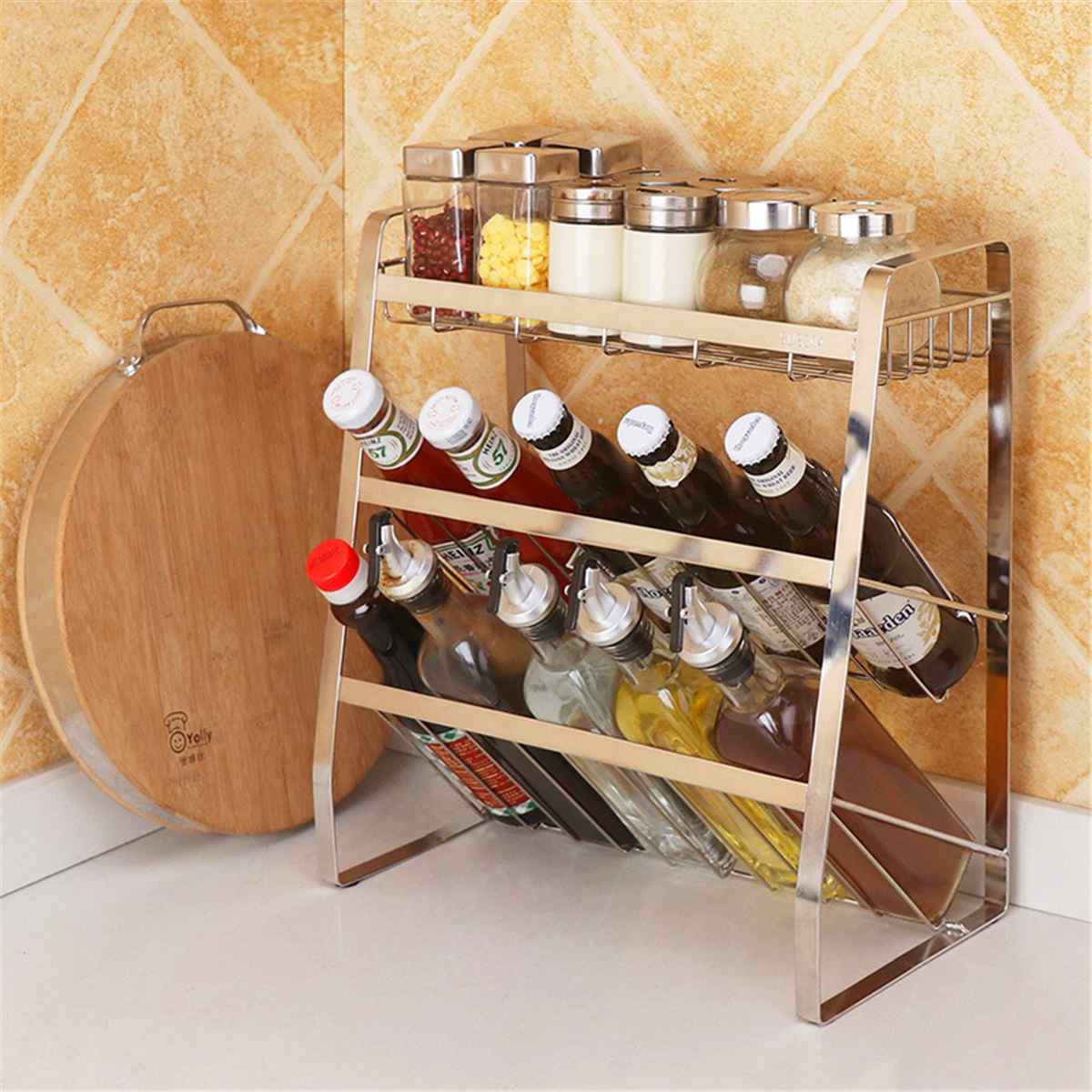 3 Layers Kitchen Spice Rack 304 Stainless Steel Countertop Spice Jars Bottle Shelf Kitchen Organizer Shelf Storage Holder Black