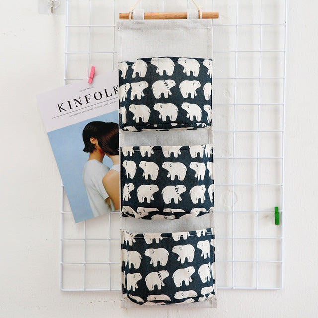 Pattern Cotton Linen Hanging Storage Bag 3 Pockets Wall Mounted Wardrobe Hang Bag Wall Pouch Cosmetic Toys Organizer