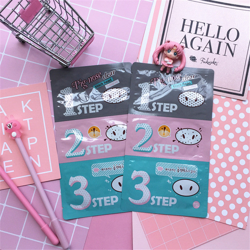 1 PC. Facial Skin Care Head Massage Clean Blackheads Remove Beauticians Pig Nose Acne Mask Stickers 3 Step Kit Black