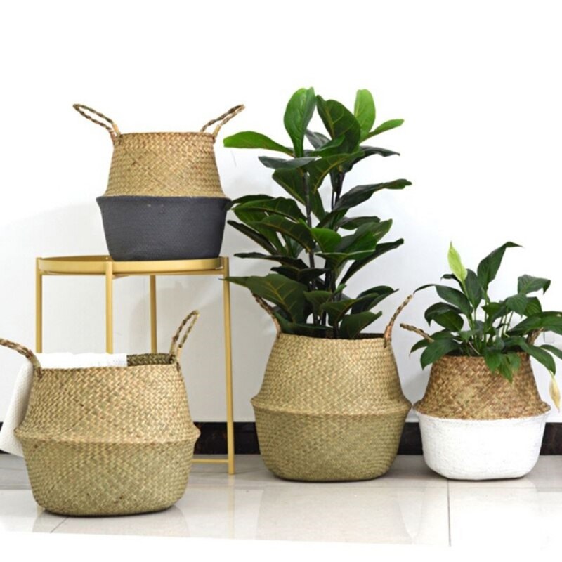 Rattan Folding Basket Seaweed Wicker Baskets Dirty Laundry Storage Basket Home Storage Simple Decoration Organizer Garden Pot