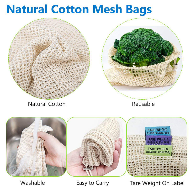 Reusable Cotton Vegetable Bags Home Kitchen Fruit And Vegetable Storage Mesh Bags With Drawstring Machine Washable