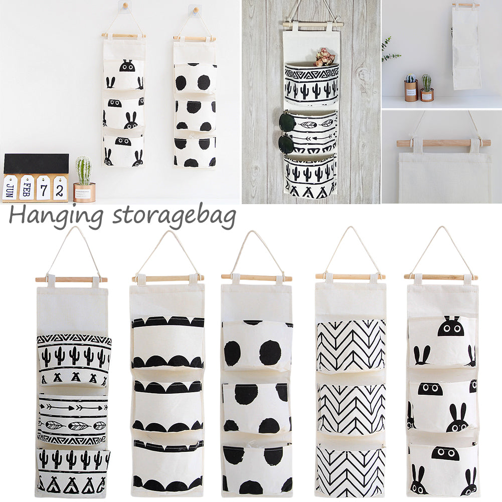 Black white Pattern Cotton Linen Hanging Storage Bag 3 Pockets Wall Mounted Wardrobe Hang Bag Wall Pouch Cosmetic Toys Organizer