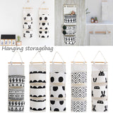 Black white Pattern Cotton Linen Hanging Storage Bag 3 Pockets Wall Mounted Wardrobe Hang Bag Wall Pouch Cosmetic Toys Organizer
