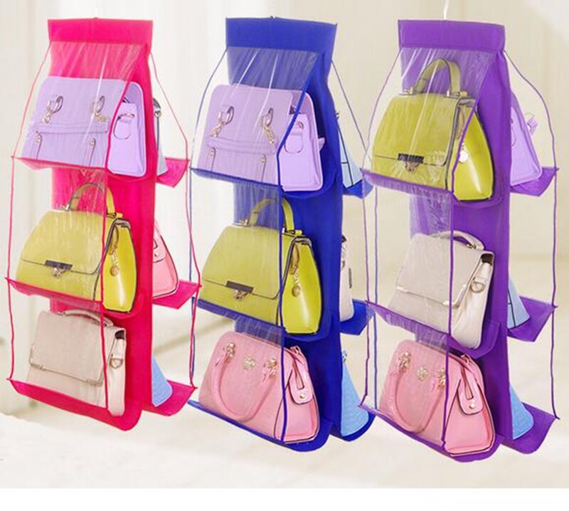 Double Side Transparent 6 Pocket Foldable Hanging Handbag Purse Storage Bag Sundry Tidy Organizer Wardrobe Closet Hanger