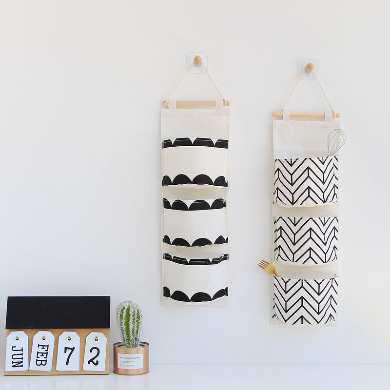 Black white Pattern Cotton Linen Hanging Storage Bag 3 Pockets Wall Mounted Wardrobe Hang Bag Wall Pouch Cosmetic Toys Organizer