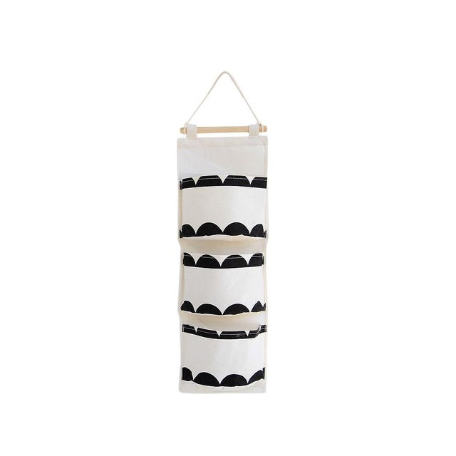 Black white Pattern Cotton Linen Hanging Storage Bag 3 Pockets Wall Mounted Wardrobe Hang Bag Wall Pouch Cosmetic Toys Organizer