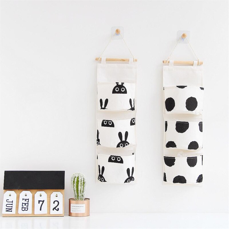 Black white Pattern Cotton Linen Hanging Storage Bag 3 Pockets Wall Mounted Wardrobe Hang Bag Wall Pouch Cosmetic Toys Organizer