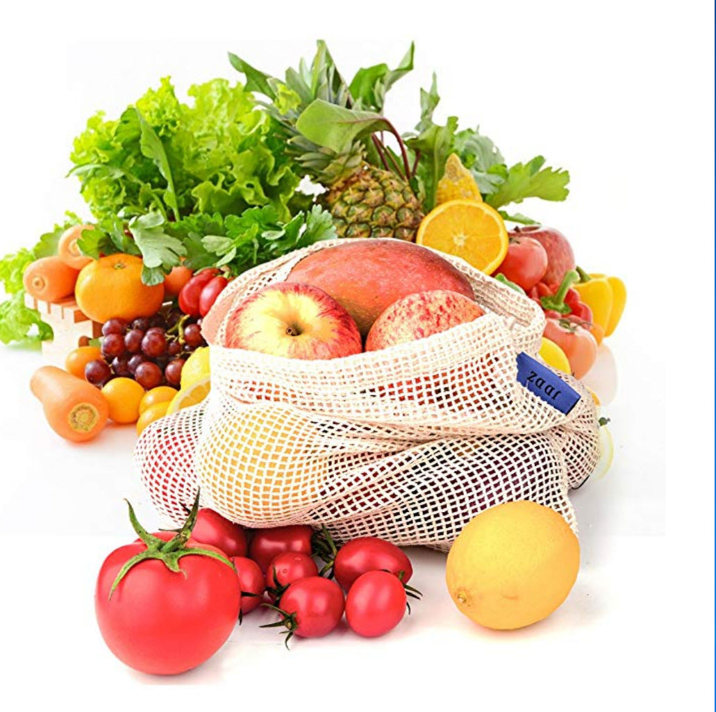 Reusable Cotton Vegetable Bags Home Kitchen Fruit And Vegetable Storage Mesh Bags With Drawstring Machine Washable
