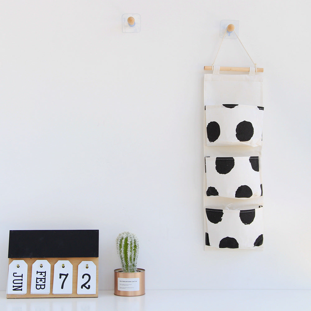 Black white Pattern Cotton Linen Hanging Storage Bag 3 Pockets Wall Mounted Wardrobe Hang Bag Wall Pouch Cosmetic Toys Organizer