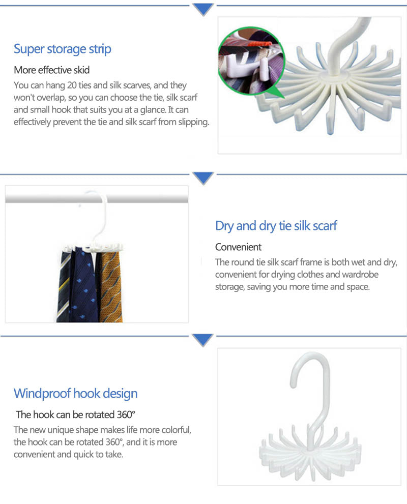Neck Tie Holder Space Saving Multifunction 1 PC Plastic 20 Hooks 360 Degree Rotating Belt Rack Neck Tie Hanger