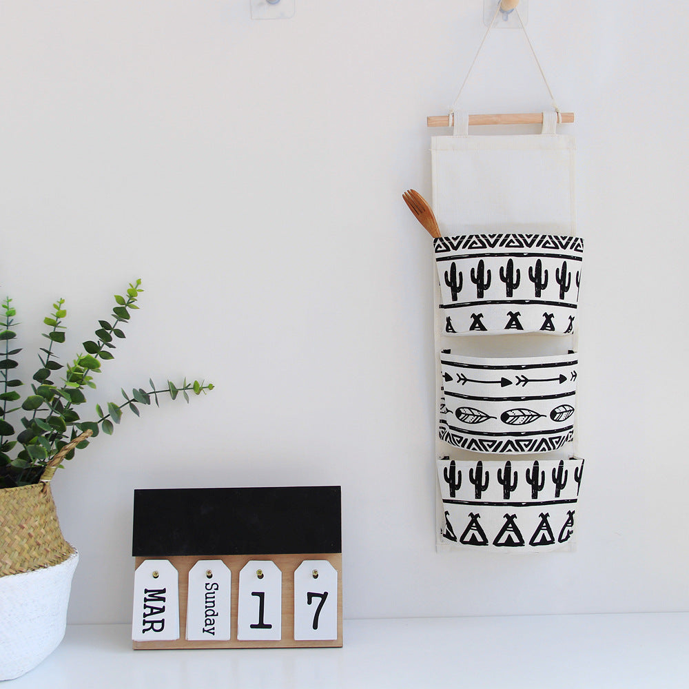 Black white Pattern Cotton Linen Hanging Storage Bag 3 Pockets Wall Mounted Wardrobe Hang Bag Wall Pouch Cosmetic Toys Organizer