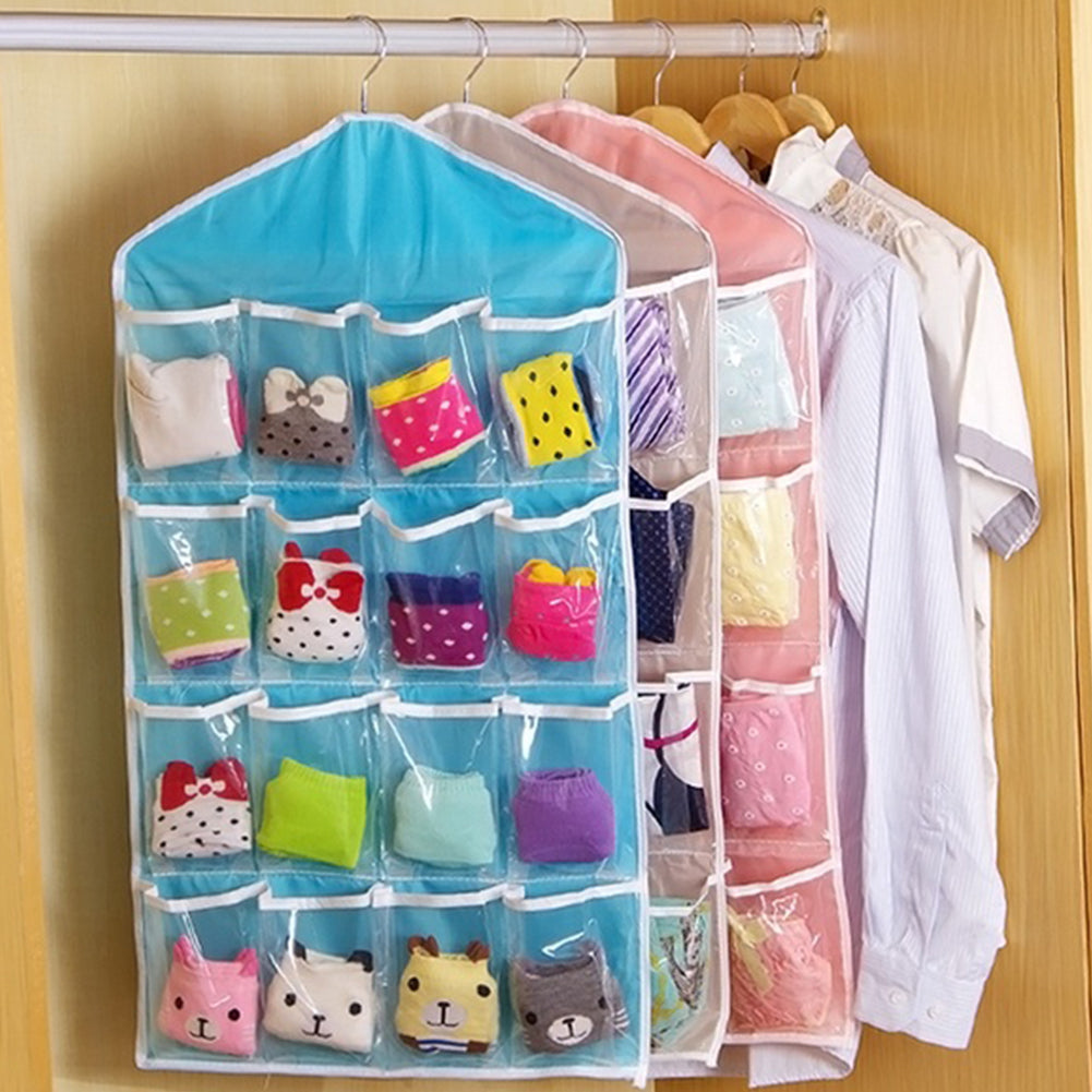 16 Pockets 78*42cm Household Clear Hanging Bag Socks Bra Underwear Rack Hanger Storage Organizer Wardrobe New