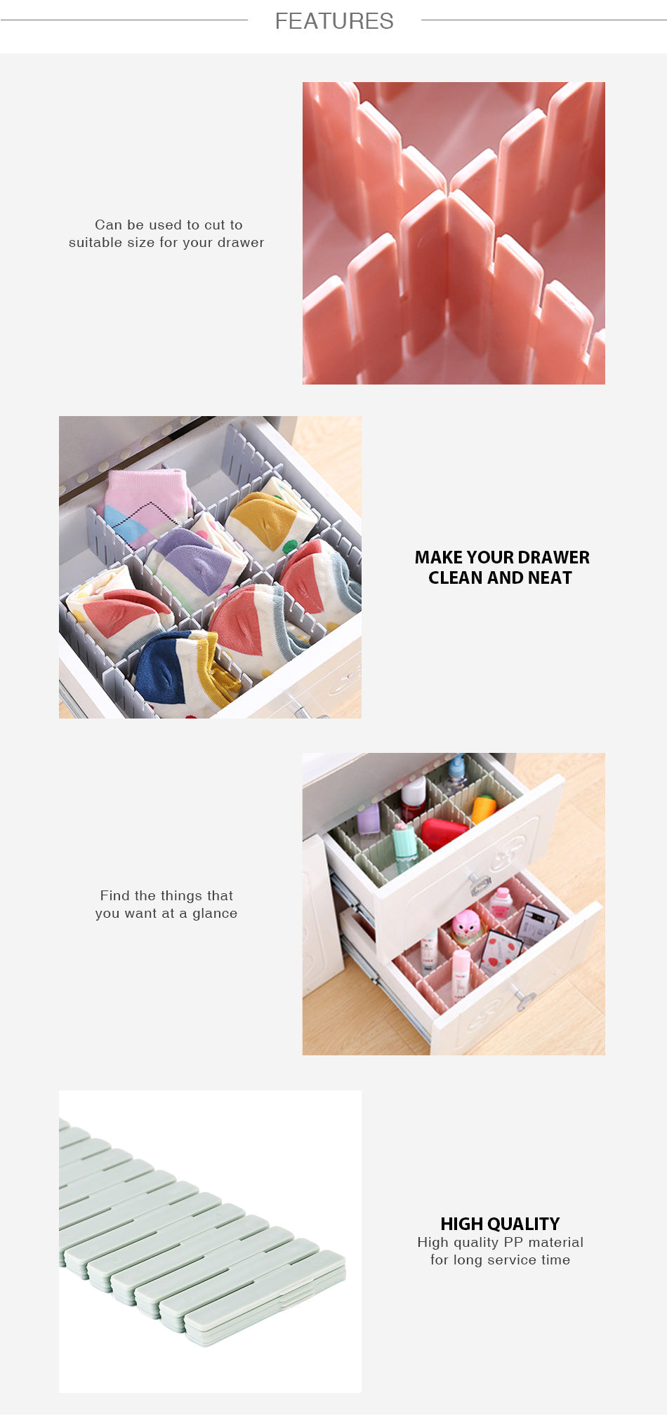 4pcs/Set Plastic DIY Grid Drawer Adjustable Separator Divider Household Necessities Storage Organizer Space-saving Tools