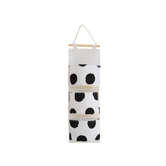 Black white Pattern Cotton Linen Hanging Storage Bag 3 Pockets Wall Mounted Wardrobe Hang Bag Wall Pouch Cosmetic Toys Organizer