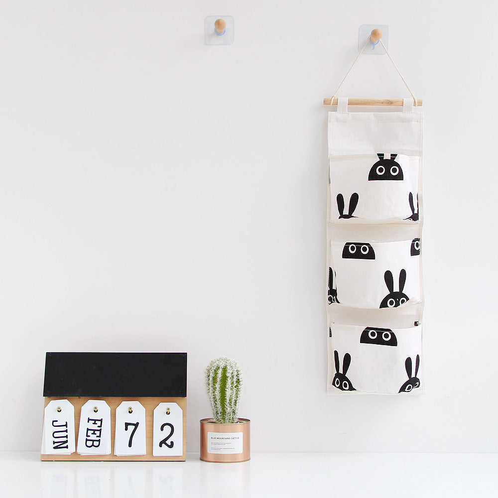 Black white Pattern Cotton Linen Hanging Storage Bag 3 Pockets Wall Mounted Wardrobe Hang Bag Wall Pouch Cosmetic Toys Organizer