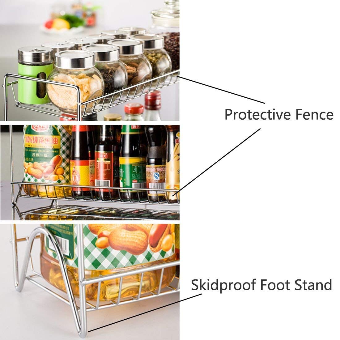 Two Layers Stainless Steel Detachable Storage Shelf Rack Home Kitchen Seasoning Holder Organizer - Silver