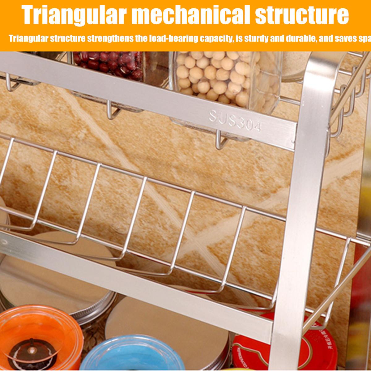 3 Layers Kitchen Spice Rack 304 Stainless Steel Countertop Spice Jars Bottle Shelf Kitchen Organizer Shelf Storage Holder Black