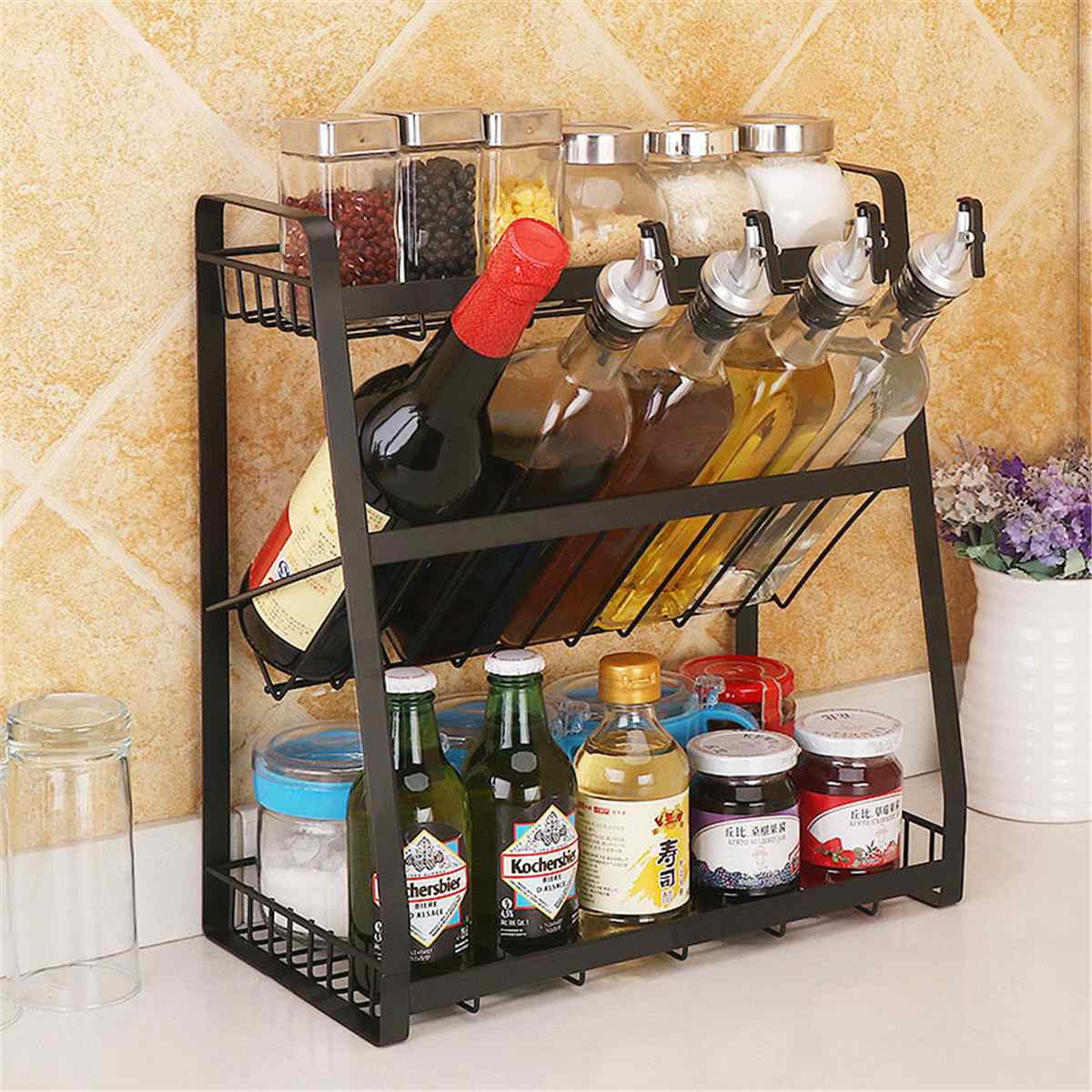 3 Layers Kitchen Spice Rack 304 Stainless Steel Countertop Spice Jars Bottle Shelf Kitchen Organizer Shelf Storage Holder Black