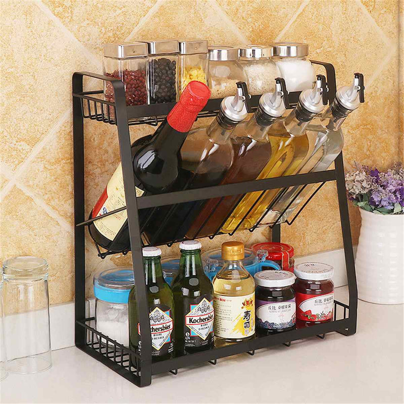 3 Layers Kitchen Spice Rack 304 Stainless Steel Countertop Spice Jars Bottle Shelf Kitchen Organizer Shelf Storage Holder Black