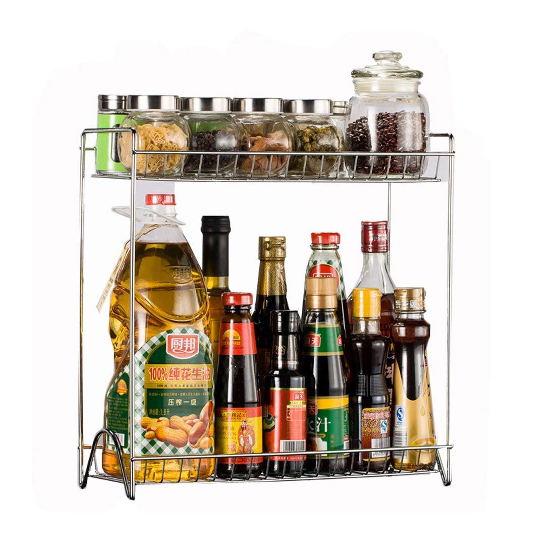 Two Layers Stainless Steel Detachable Storage Shelf Rack Home Kitchen Seasoning Holder Organizer - Silver