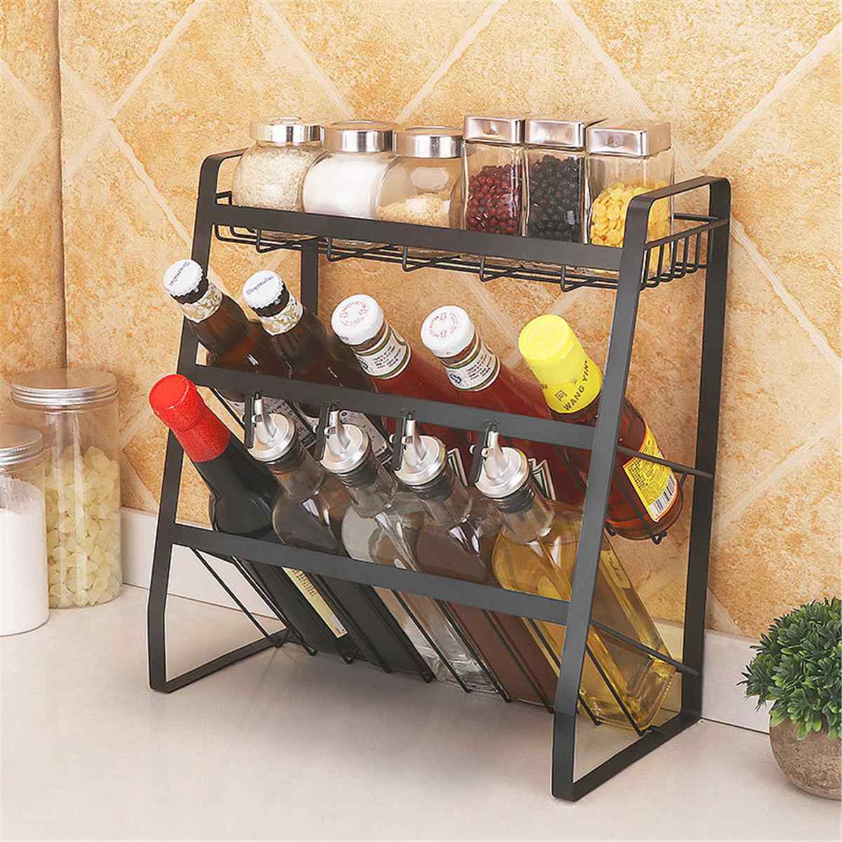 3 Layers Kitchen Spice Rack 304 Stainless Steel Countertop Spice Jars Bottle Shelf Kitchen Organizer Shelf Storage Holder Black