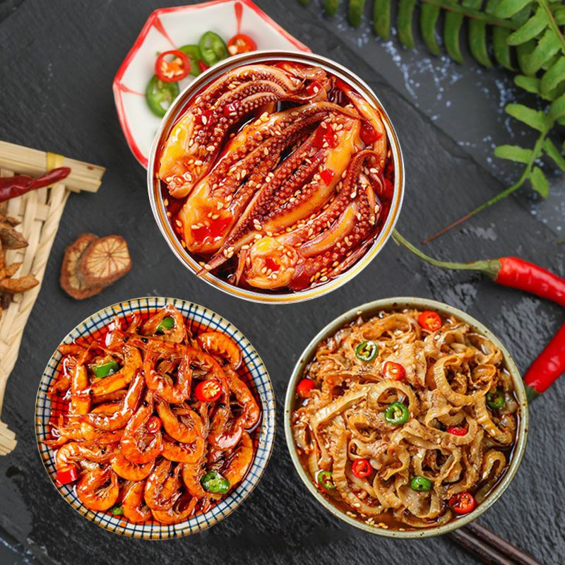 Spicy ready-to-eat seafood snack: baby octopus and octopus in glass