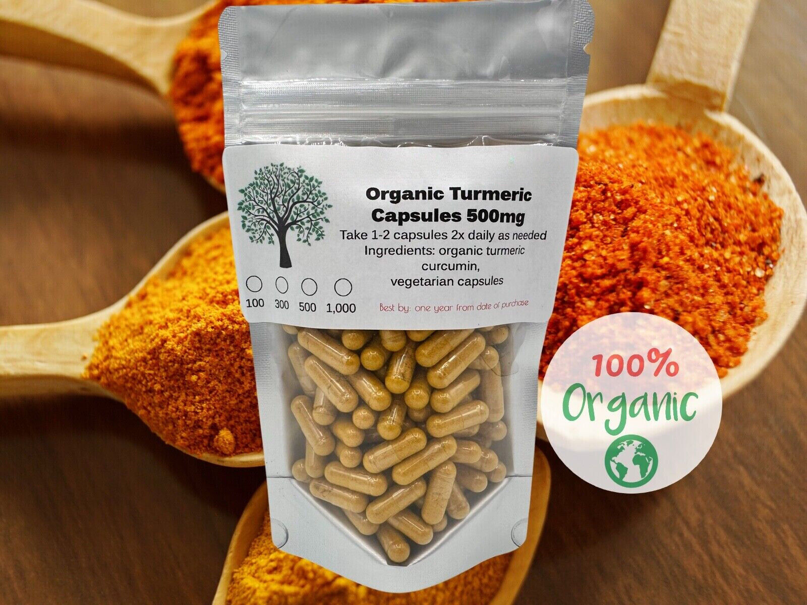 Organic Turmeric Curcumin 500mg Vegetarian Capsules Anti Inflammatory Main image