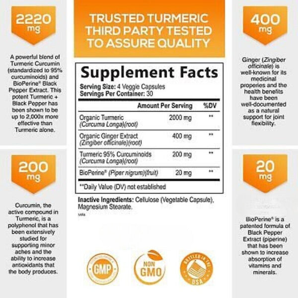 95% Curcuminoids Max Potency & BioPerine Turmeric Curcumin 2600mg with Ginger