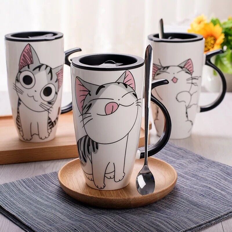 Coffee Cup With Lid And Spoon Cartoon Cat Milk Tea Cup Novelty Gift Ceramic Mug