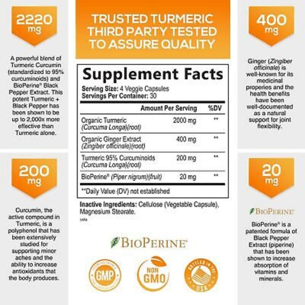 95% Curcuminoids 2600mg Max potency w BioPerine - Turmeric Curcumin with Ginger