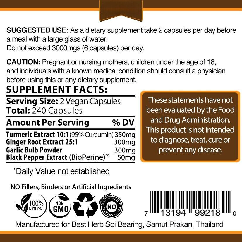 240 CAPSULES TURMERIC GINGER GARLIC BLACK PEPPER PIPERINE CURCUMIN TUMERIC PILLS