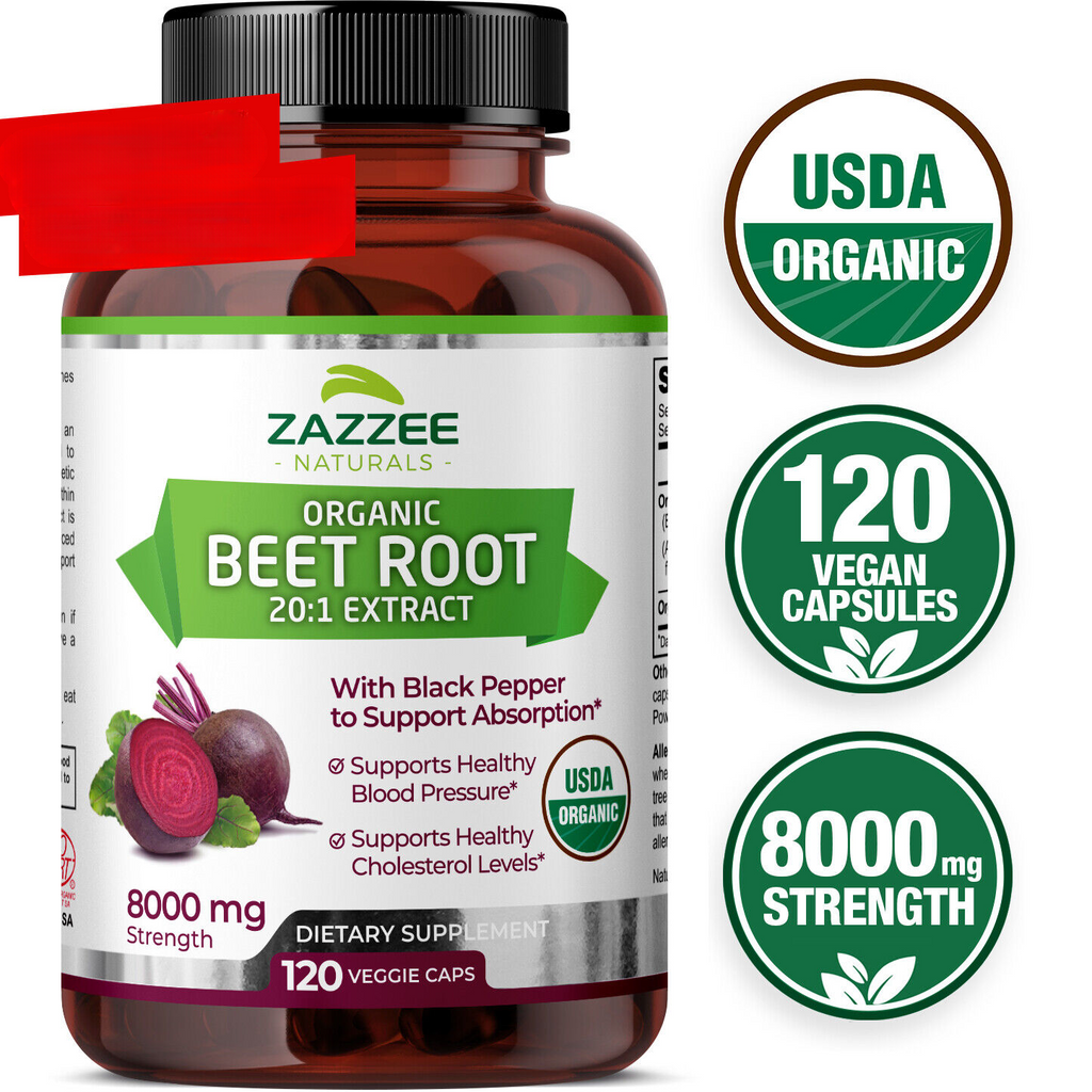 USDA Organic Extra Strength Beet Root 20:1 Extract 8000 mg Strength 120 Capsules