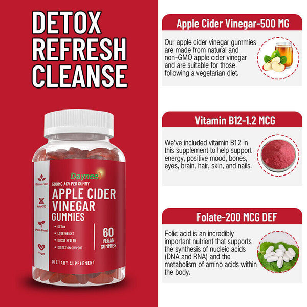 Vitamin B12 Apple Cider Vinegar Gummies Detox Boost 60 Vegan Capsules