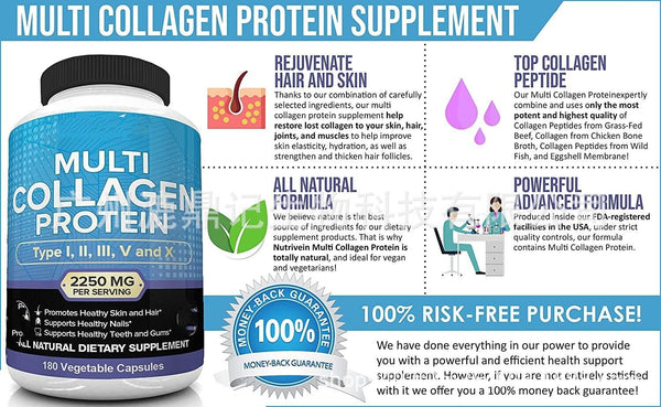 Multi Collagen Pills 2250mg 180 Capsules Anti-Aging Healthy Joints Hair Skin