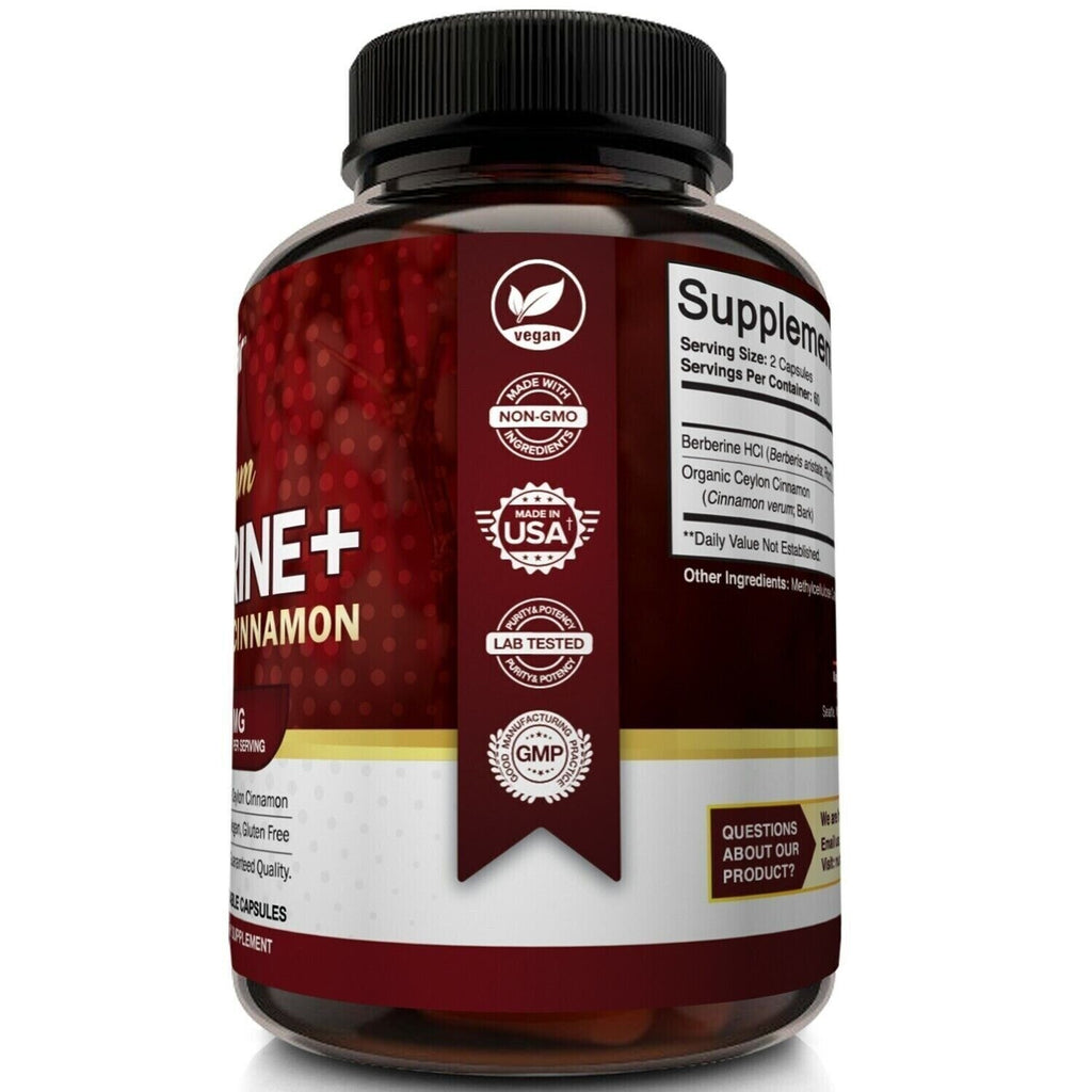 Premium Berberine HCL Pills 1200mg Plus Organic Ceylon Cinnamon - 120 Capsules