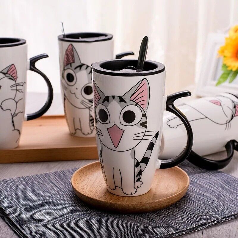 Coffee Cup With Lid And Spoon Cartoon Cat Milk Tea Cup Novelty Gift Ceramic Mug