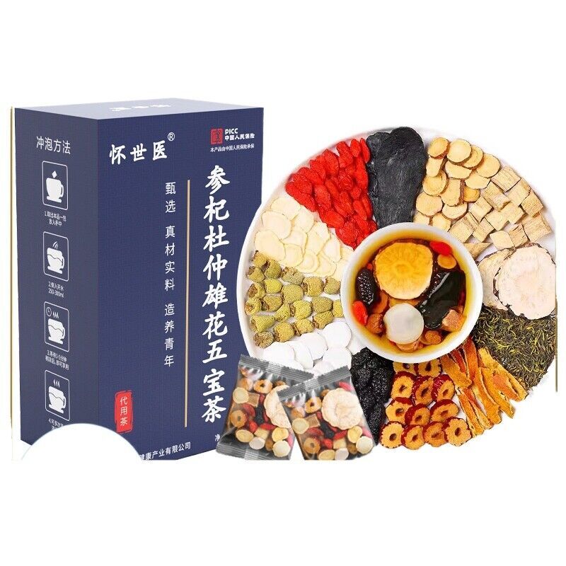 Ginseng, Five Treasures,Tea, Huangjing,Goji,Eucommia ulmoides, Male Flowers 150g
