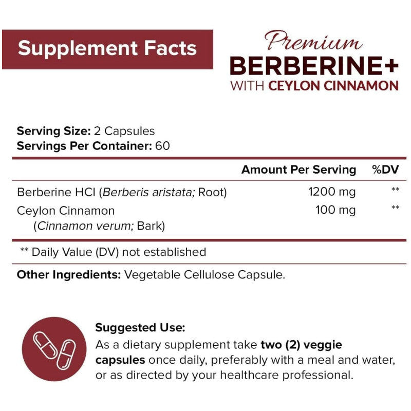 1200mg Berberine Capsules, Natural HCL Extract, Healthy Cholesterol Caps 60 Caps Secondary image